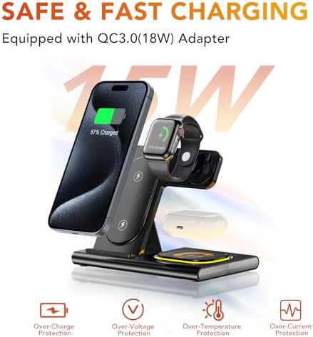 Ultra-Convenient 3-in-1 Foldable Wireless Charging Dock for Apple Devices – Rapid Power-Up Station for i Phone 16/15/14/13/12/11/X/XS, Apple Watch Series 10/9/8/7/Ultra2/Ultra/SE, and Air Pods Pro/2/3/4 – Lightweight Travel Charger with Integrated LED Light for Enhanced Portability and Efficiency