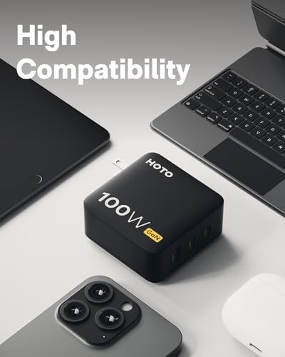 HOTO 100 W Ga N USB-C Charger: Ultra-Compact 3-Port Fast Charging Hub with Foldable Design – Perfect for Mac Book Pro, i Pad Pro, i Phone, Galaxy S24 Series – Includes 4.92 ft USB-C Cable for Efficient Multi-Device Powering and Ultimate Portability