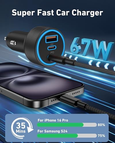 High-Power USB C Car Charger – 67 W Dual USB-C & USB-A Fast Charging Adapter, 3-Port Design for i Phone 16, Samsung S25, Pixel & Tablets – Essential Automotive Charging Accessory for On-the-Go Power and Safety