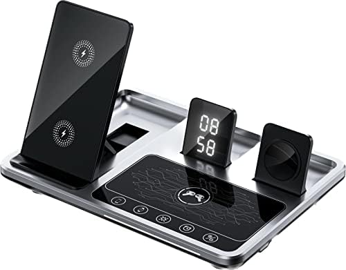 Revolutionary 4-in-1 Wireless Fast Charging Hub with Integrated Alarm Clock & Adjustable Night Light | Travel-Optimized Design for i Phone, Apple Watch, and Air Pods | Ultra-Fast Charging Station for Effortless Multi-Device Power Management and Stylish Portability