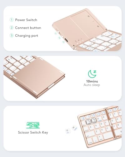 Samsers Portable Bluetooth Keyboard with Touchpad – Ultra-Slim Foldable Wireless Keyboard for Effortless Typing on Android, Windows, and i OS Devices – Rechargeable, Travel-Friendly Design with Device Holder – Black