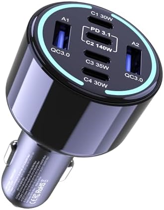 CHIPOFY 300 W USB C Car Charger – 6-Port Super Fast Charging Adapter with 4 USB-C & 2 USB-A Ports for Mac Book, i Phone 16/15 Pro Max, Galaxy S25/S24 Ultra – PD3.1, PPS, Quick Charge Technology for Ultimate Compatibility and Performance on the Go