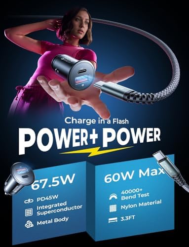 Compact AINOPE 67.5 W USB-C Car Charger – Fast Charging Dual Port QC3.0 Adapter for i Phone 16 & Samsung Galaxy – Mini Cigarette Lighter Accessory in Stylish Purple for Efficient On-the-Go Power Solutions