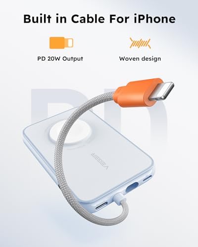 VEGER 5000 m Ah Mini Power Bank with Built-in Cable – PD 20 W Fast Charger for i Phone 14/13/12/Pro Max, Android Devices & Apple Watch – Lightweight Travel Essential in Vibrant Yellow – Ultimate Charging Solution for On-the-Go Connectivity