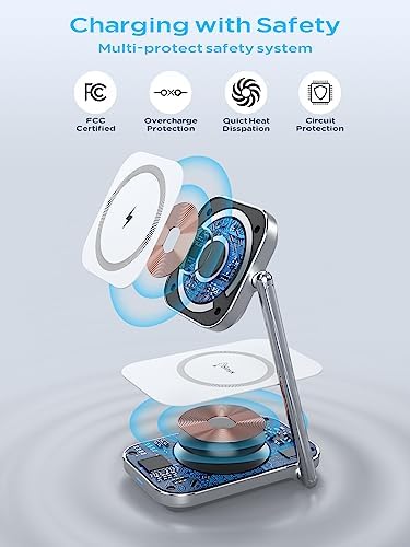 Elevate Your Charging Game with the Premium 2-in-1 Mag Safe Charger Stand – Swift 20 W Wireless Power Solution for i Phone 15/14/13/12 & Air Pods 3/Pro/2 – Robust Zinc Alloy Design with Foldable Portability for Effortless Device Alignment – Perfect for Organized, Tangle-Free Charging Spaces