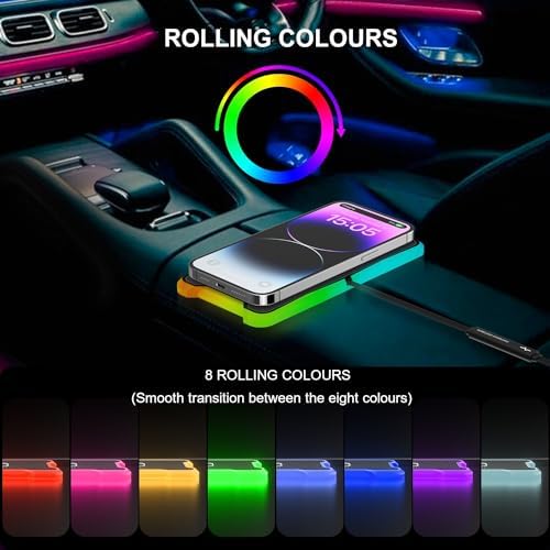 REESTECQI 15 W RGB Wireless Car Charger Pad – Fast Charging Non-Slip Mat for i Phone 12-16, Air Pods, Samsung & Google Devices with 30 CM Type C Cable – Stylish & Efficient On-the-Go Power Solution