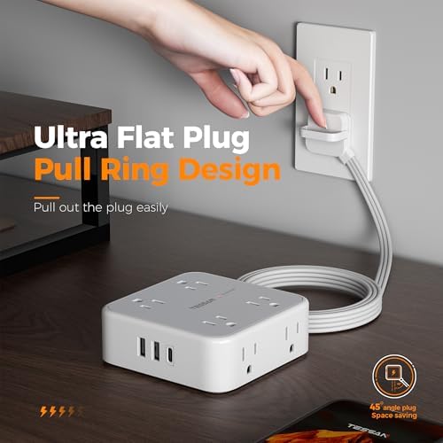 TESSAN 10 FT Flat Plug Surge Protector Power Strip with 8 Outlets and 3 USB Ports – Versatile Desk Charging Station with 900 Joules Protection for Home and Office – Enhanced Safety and Space Efficiency