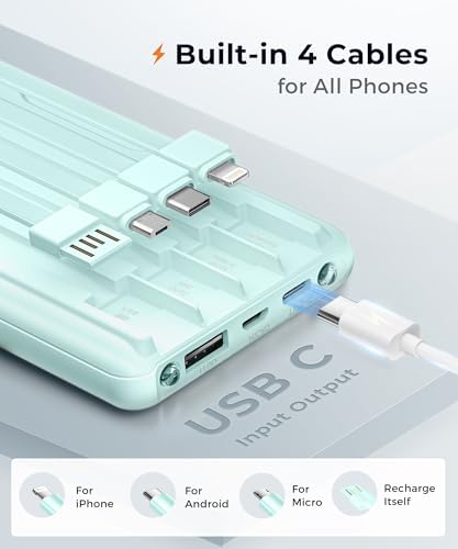 Ultra-Fast Portable Charger with Built-In Cables & LED Display – 10000 m Ah Power Bank for Multiple Devices, 22.5 W Super Speed Charging, Slim Design for Travel & Emergency Use – Compatible with i Phone 16/15/14/13/12, Samsung Galaxy, Google Pixel & More (Purple) – Ultimate Convenience & Safety Features