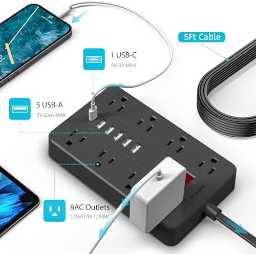 Compact Surge Protector Power Strip with 8 Outlets & 6 USB Ports – AOFO 5 ft Flat Extension Cord for Travel, Office & Dorm – Durable Design with USB-C Fast Charging, Enhanced Safety & Space Efficiency