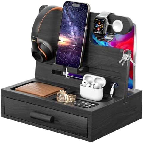 melafa365 Nightstand Organizer for Men,Phone Docking Station with Cable Management,Night Stand with Drawer,Bedside Organizer for Watches,Keys,Wallets,Gifts for Men(Wood) – Enhanced Compatibility and Speed