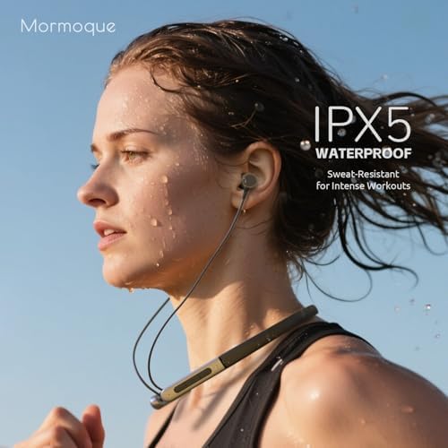 Elevate Your Audio Experience: MORMOQUE IPX5 Waterproof Neckband Bluetooth Headphones with 40-Hour Playtime, Enhanced Noise Cancellation, and HD Bass for Active Lifestyles – Seamless Compatibility with i OS & Android Devices, Magnetic Switch for Effortless Wear and Storage