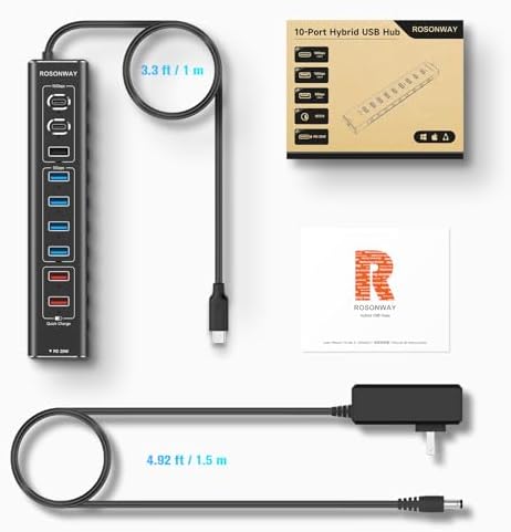 Maximize Your Device Connectivity with Rosonway 10-Port USB 3.2 Hub – Ultra-Fast 10 Gbps Data Transfer, 60 W Fast Charging, Sleek Aluminum Design for Enhanced Productivity on Laptops and PCs