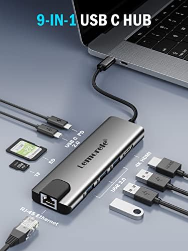 Enhance Your Workflow with Lemorele 9-in-1 USB C Hub Multiport Adapter – Gigabit Ethernet, 100 W PD Fast Charging, 4 K HDMI Output, 3 USB 2.0 Ports, 5 Gbps USB C Data Transfer, SD/TF Card Reader – Perfect Docking Station for Mac Book, Lenovo, HP & Dell Laptops