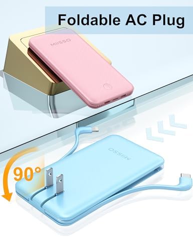 miisso Ultra Slim 10000 m Ah Portable Power Bank with Built-in Cables and Foldable Wall Plug – Compact USB-C Charger for i Phone, Samsung, i Pad & More – Perfect Travel Companion for On-the-Go Charging Efficiency