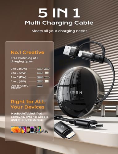 LISEN 5-in-1 Retractable Fast Charging Cable – 60 W Multi-Device Charger for i Phone, i Pad & Samsung with USB-C/A Ports – Compact and Portable Charging Solution for On-the-Go Power Needs