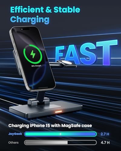 Joy Geek 3-in-1 Foldable Wireless Charging Station for Mag-Safe i Phone – Ultimate Travel Dock for i Phone 12-16 Pro Max, Apple Watch Series 4-10, and Air Pods Pro 2/3/4 – Fast, Compact, and Convenient Power Solution for On-the-Go Charging