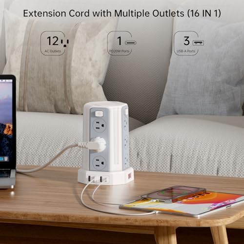 SMALLRT Power Tower Surge Protector – 10 Ft Extension Cord with 12 AC Outlets & 4 USB Ports (1 USB-C) – Ultimate Charging Station for Home & Office – Enhanced Device Compatibility & Safety