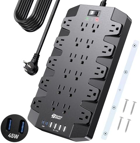SUPERDANNY 22-Outlet Surge Protector Power Strip with 6.5 Ft Cord, 2 USB-C & 4 USB Ports – High-Capacity 1875 W/15 A with 2100 J Surge Protection for Home, Office, and Dorm Use – Wall Mount Design for Space-Saving Convenience