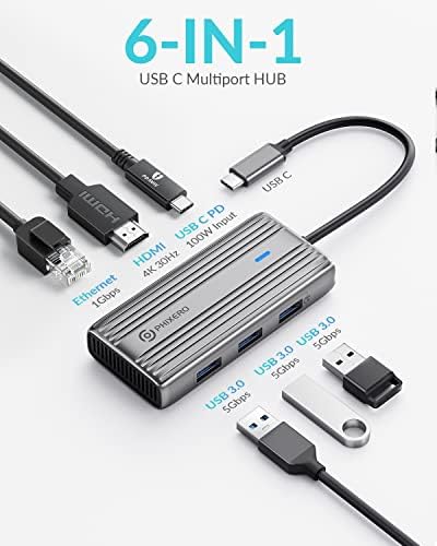 Maximize Your Productivity with the PHIXERO 8-in-1 USB C Adapter: High-Speed 5 Gbps USB 3.0 Hub, 4 K@60 Hz HDMI Output, 1 Gbps Ethernet, 100 W PD Charging, SD/TF Card Reader – Perfect for Mac Book Pro, Air, Surface & More in Sleek Gray Design