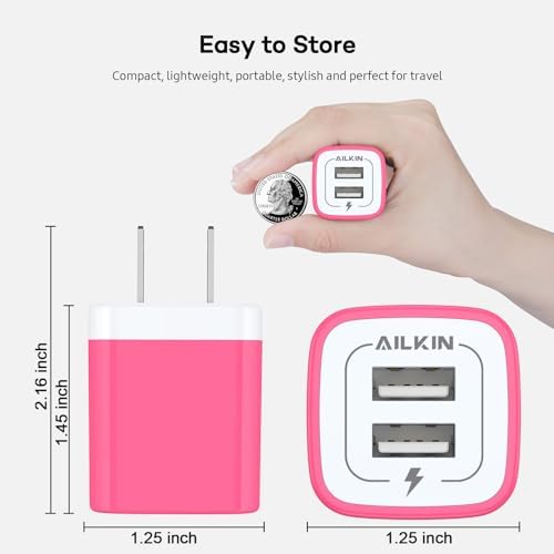 AILKIN Dual Port USB Wall Charger 2-Pack – 2.1 A Fast Charging Adapter for i Phone 15/14/13/12/11 Pro, Samsung Galaxy S23/S22/S21 – Compact Power Block with Quick Charge Technology – Universal Compatibility & Safety Features for Home and Travel