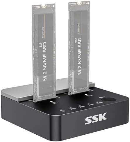 Maximize Data Management with SSK NVMe SSD Cloner – Dual Bay M.2 Duplicator Enclosure for 20 Gbps High-Speed USB3.2 Gen 2 X2, Effortless Offline Cloning for M Key PCIe NVMe SSDs, Tool-Free Setup for Seamless Backup and Expansion, Durable and User-Friendly Design for Tech Enthusiasts and Professionals