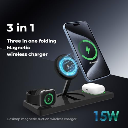 3-in-1 Wireless Charging Station for i Phone, Apple Watch & Air Pods – Fast Charge Capability for i Phone 15/14/13/12 Pro/Max/Mini/Plus, Compatible with Apple Watch 8/7/6/SE/5/4/3/2 & Air Pods 3/2/Pro – Sleek Black Design with Adapter for Effortless Device Management