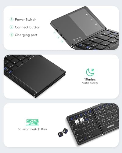 Samsers Portable Bluetooth Keyboard with Touchpad – Ultra-Slim Foldable Wireless Keyboard for Effortless Typing on Android, Windows, and i OS Devices – Rechargeable, Travel-Friendly Design with Device Holder – Black