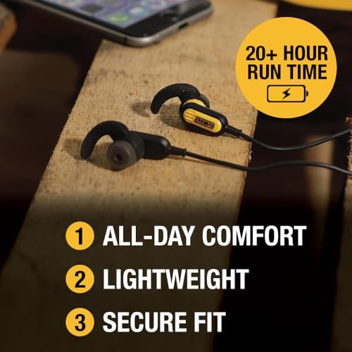 DEWALT Heavy Duty Bluetooth Neckband Earbuds for Professionals – Wireless 5.2 Headphones with IP56 Waterproof Protection, 20-Hour Playtime, Deep Bass Audio, and Built-in Microphone for Clear Calls – Ultimate Comfort and Durability for Jobsite Use