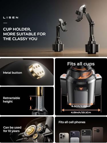 LISEN Adjustable Cup Phone Holder for Cars – 360° Long Neck Mount for Hands-Free Driving in SUVs, Trucks, and Golf Carts – Secure Fit for 4-7″ Smartphones Including i Phone, Samsung, and Google – Maximize Stability and Safety for Effortless Navigation and Communication