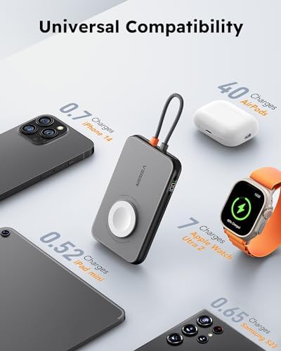 VEGER 5000 m Ah Mini Power Bank with Built-in Cable – PD 20 W Fast Charger for i Phone 14/13/12/Pro Max, Android Devices & Apple Watch – Lightweight Travel Essential in Vibrant Yellow – Ultimate Charging Solution for On-the-Go Connectivity