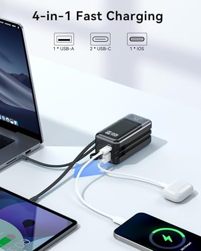 Ultra-Fast 65 W Portable Laptop Charger – 18400 m Ah Power Bank with Smart Display, Dual Built-in Cables, 4 Output Ports, Travel-Friendly Design for Mac Book, i Phone 15/14/13, i Pad, Samsung – Compact Power Solution for On-the-Go Charging