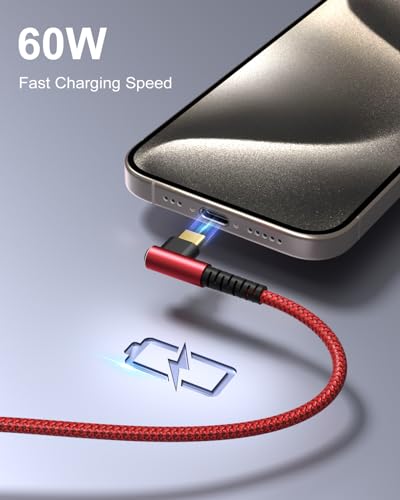 Enhanced 10 ft Right Angle USB C to USB C Cable – 60 W Fast Charging and Data Transfer for i Phone 16, Mac Book, Galaxy S24 – 4-Pack Durable Braided Design for Optimal Performance and Convenient Use