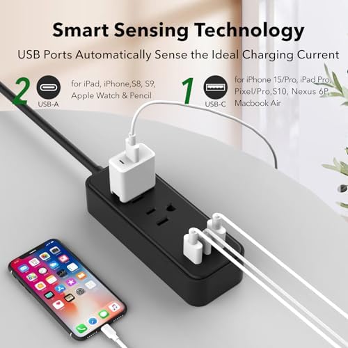 Elevate Your Charging Game with the Clear Power 2-Outlet Power Strip – 6 ft Flat Plug Power Station Featuring 3 USB Ports (1 USB-C) for Rapid Device Charging, Ideal for Home, Office & Travel, Durable & Compact Design, White, Model DC3 S-1102-DC