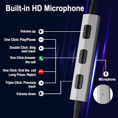 USB C Wired Earbuds for Google Pixel 9 Pro & Samsung Devices – Immersive Hi-Fi Bass Stereo Earphones with Noise Isolation & Built-in Mic for Enhanced Sound Clarity and Comfort – Durable, Lightweight Design Perfect for On-the-Go Listening