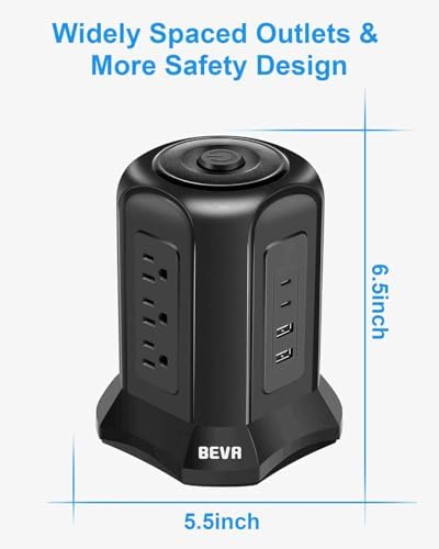 BEVA Tower Surge Protector Power Strip: 9 AC Outlets & 4 Fast-Charging USB Ports for Ultimate Device Connectivity, 6.5 FT 18 AWG Extension Cord with 3-Prong Flat Plug – Ideal Desk Charging Station for Office, Dorm & Home Use, Ensuring Safety & Efficiency