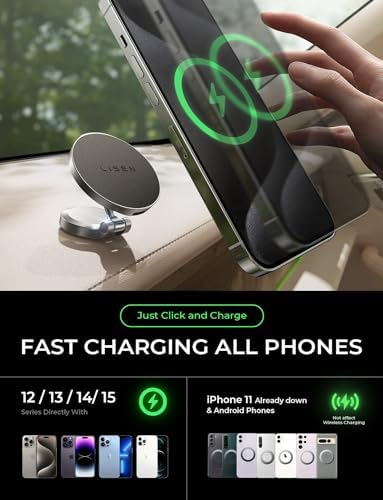 LISEN Mag Safe Car Charger for i Phone 15/14/16 Pro Max – 360° Rotating Wireless Mount with Powerful Magnetic Grip for Fast Charging – Sleek Black Dashboard Accessory for Effortless Navigation & On-the-Go Power Solutions