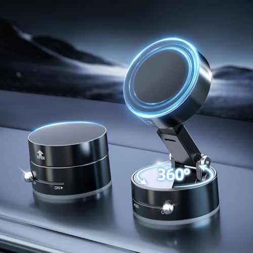 Vacuum Magnetic Phone Holder for Car, Upgraded 360°Suction Cup Phone Mount Foldable Magnetic Car Phone Holder Mount Retractable Suction Phone Stand for iPhone All Cell Phones /Car/Gym/Mirror/Shower – Enhanced Compatibility and Speed