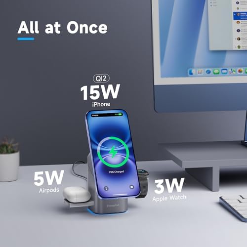 Revolutionary 3-in-1 Rotating Wireless Charger – Qi2 Certified 15 W Fast Charging Station for i Phone 16/15/14/13/12, Apple Watch & Air Pods – Enhanced Heat Management & Magnetic Alignment – Sleek Matte Design with Touch-Sensitive Stand and Ambient Night Light – Effortless Portrait/Landscape Mode for Seamless Use – Ultimate Charging Solution for All Your Apple Devices – Organized Desktop Power Hub with Smart IC Protection – Includes Power Adapter & USB-C Cable – Perfect for Home, Office, or Travel