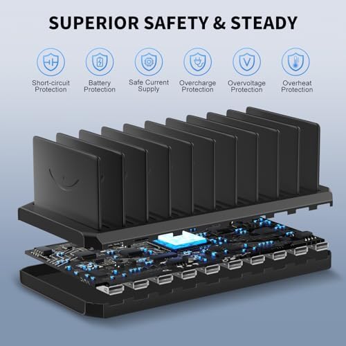 High-Performance 10-Port USB Charging Station Hub with Adjustable Dividers – Fast Charge Multiple Devices Simultaneously for Hotels, Schools, and Travel – Enhanced 60 W Power Output and Universal Compatibility for All Your Devices