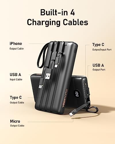 VEEKTOMX 10,000 m Ah Portable Power Bank with Integrated Charging Cables – Slim, Lightweight Fast Charger for i Phone, Samsung, and Android Devices – Essential Travel Companion with Intelligent Charging Technology for On-the-Go Convenience