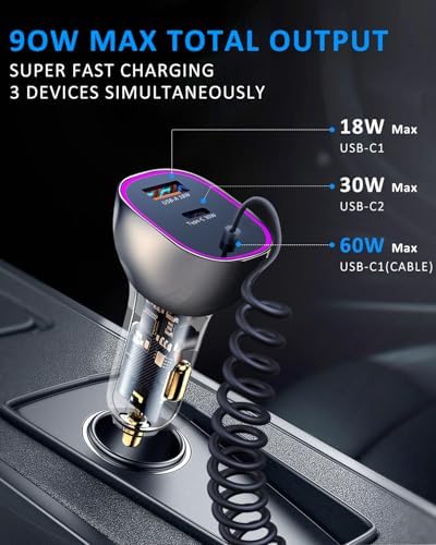 High-Performance 90 W USB C Car Charger with 5 ft Coiled Cable – Fast Charging Adapter for i Phone 15 Pro Max, Samsung Galaxy S24/S23, Mac Book & More – Sleek Transparent Design, Universal Compatibility, Ideal for Road Trips & Daily Commutes