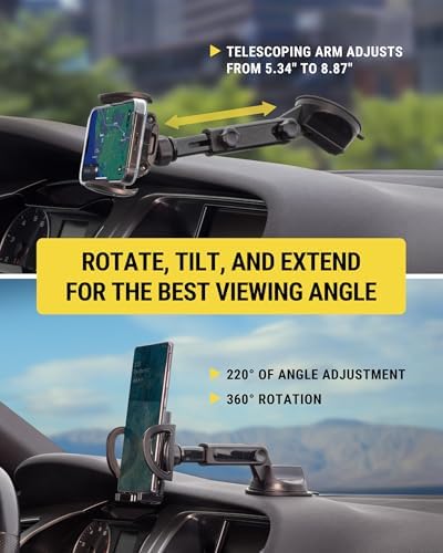 Scosche UH2WDEXCLN Universal Hands Free Phone Mount for Car Windshield/Dashboard, Suction Cup Cell Phone Holder with 360° Rotation, Includes Screen Cleaner, Stand Compatible with iPhone and Android – Enhanced Compatibility and Speed