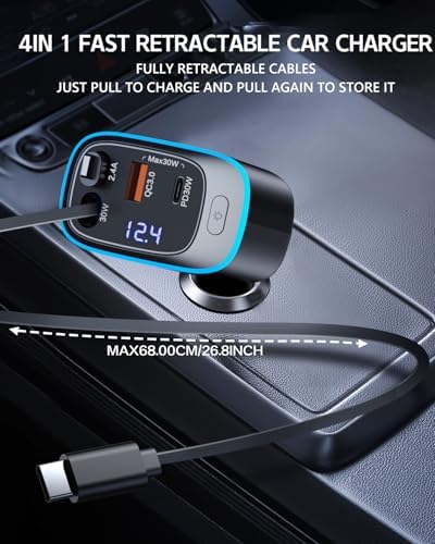 Revolutionary 4-in-1 Retractable Car Charger – 90 W USB-C Fast Charging Adapter for i Phone 16 and More, Featuring Ambient LED Lighting for Enhanced Travel Comfort – Ideal Road Trip Essential for i Phone 16, Galaxy, Pixel, and Universal Devices – Achieve Maximum Charging Efficiency with Tangle-Free Design