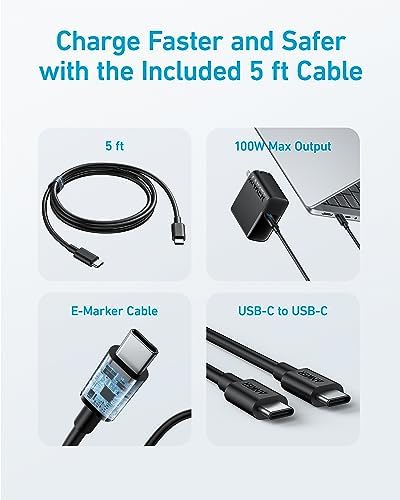 Powerful 100 W USB-C Charger for Mac Book Air & Pro – Compact, Foldable Design with 5 FT Cable – Rapid Charging & Universal Compatibility, Perfect for On-the-Go Professionals – Enhanced Safety Features with Active Shield Technology for Worry-Free Use