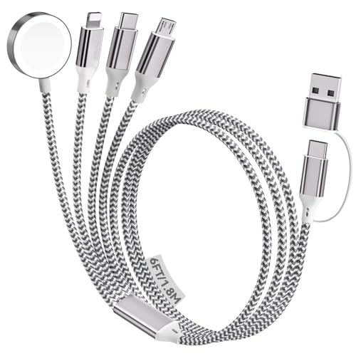 Ultimate 6 FT Multi-Device Charging Cable: Fast Nylon-Braided i Watch and Smartphone Charger Compatible with i Phone, i Pad, Galaxy, and More – Durable, Tangle-Free Solution for Ultra, SE, and All i Watch Models – Streamline Your Charging with Versatile 4-in-2 Connectivity