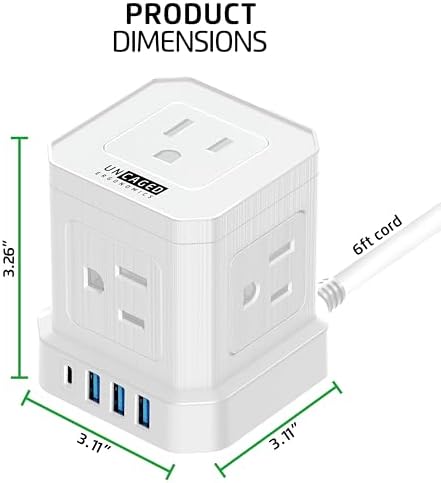 Uncaged Ergonomics Cube Power Strip with 10 ft Extension Cord – Surge Protected Charging Station Featuring 5 AC Outlets, 3 USB Charging Ports (1 USB-C Fast Charger) and On/Off Switch for Ultimate Convenience and Safety