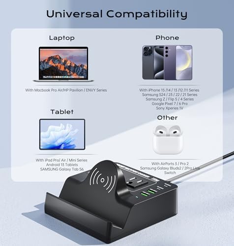 TOPOINT 7-in-1 Multi-Device Charging Hub with Wireless Charging Pad – 65 W Fast USB-C Power Strip for i Phone, Samsung, Mac Book, and More – Ultimate Compatibility and Space-Saving Design for Home and Office Use