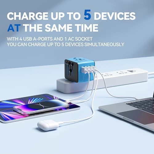 Unidapt Universal Travel Adapter: High-Speed 2.4 A 4-Port USB Charger for Global Use – Compact International Plug Adapter for Europe, USA, UK, Australia – Stylish Blue Design with Safety Features for Hassle-Free Charging on the Go