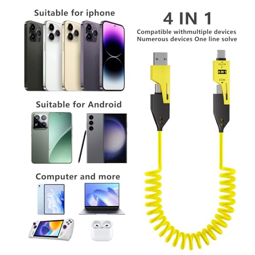 Versatile 4-in-1 Coiled USB C Cable – 4 ft – 65 W Fast Charging Solution for Phones, Laptops, and More – Durable Liquid Silicone Design in Pink – Tangle-Free Convenience, 2-Pack for Enhanced Compatibility and Speed