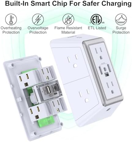 Maximize Your Charging Efficiency with the POWRUI 6-Outlet Extender & USB Wall Charger – Versatile Surge Protector with Dual 2.4 A USB Ports, Integrated Night Light, 3-Sided Design for Optimal Space Utilization, ETL Certified Safety, Ideal for Home and Office Use